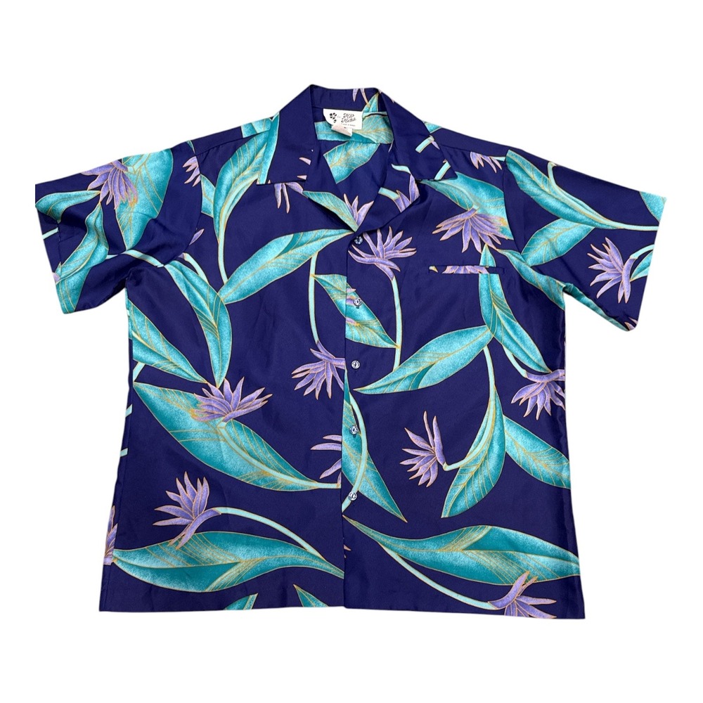 Hilo Hattie Mens 2XL Hawaiian Shirt Bird of Paradise Floral Navy Blue Polyester